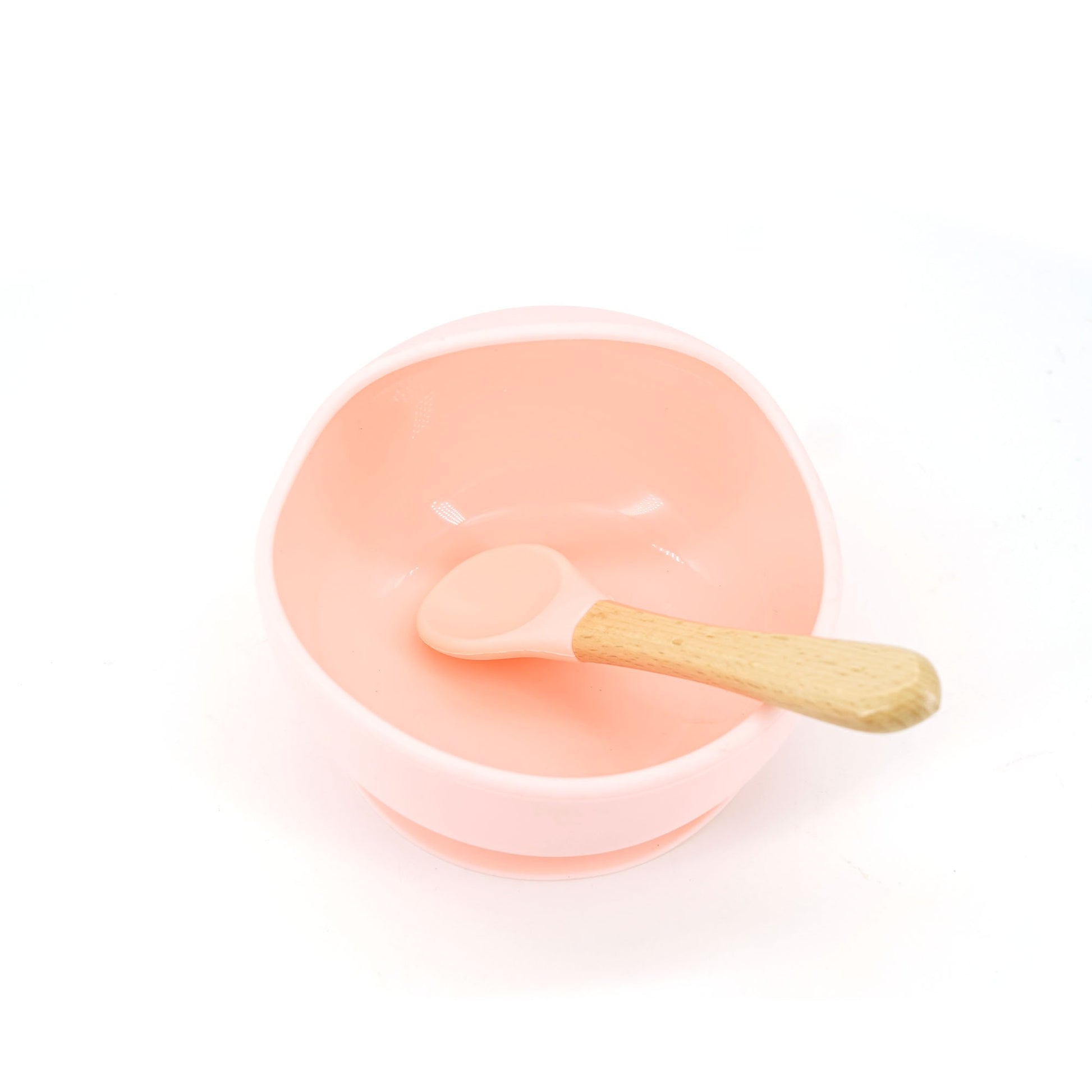 Set 2 piese diversificare bebelusi si copii din silicon Flippy, bol cu ventuza, lingurita din lemn si silicon, pentru gustari, fara alergeni, roz-1