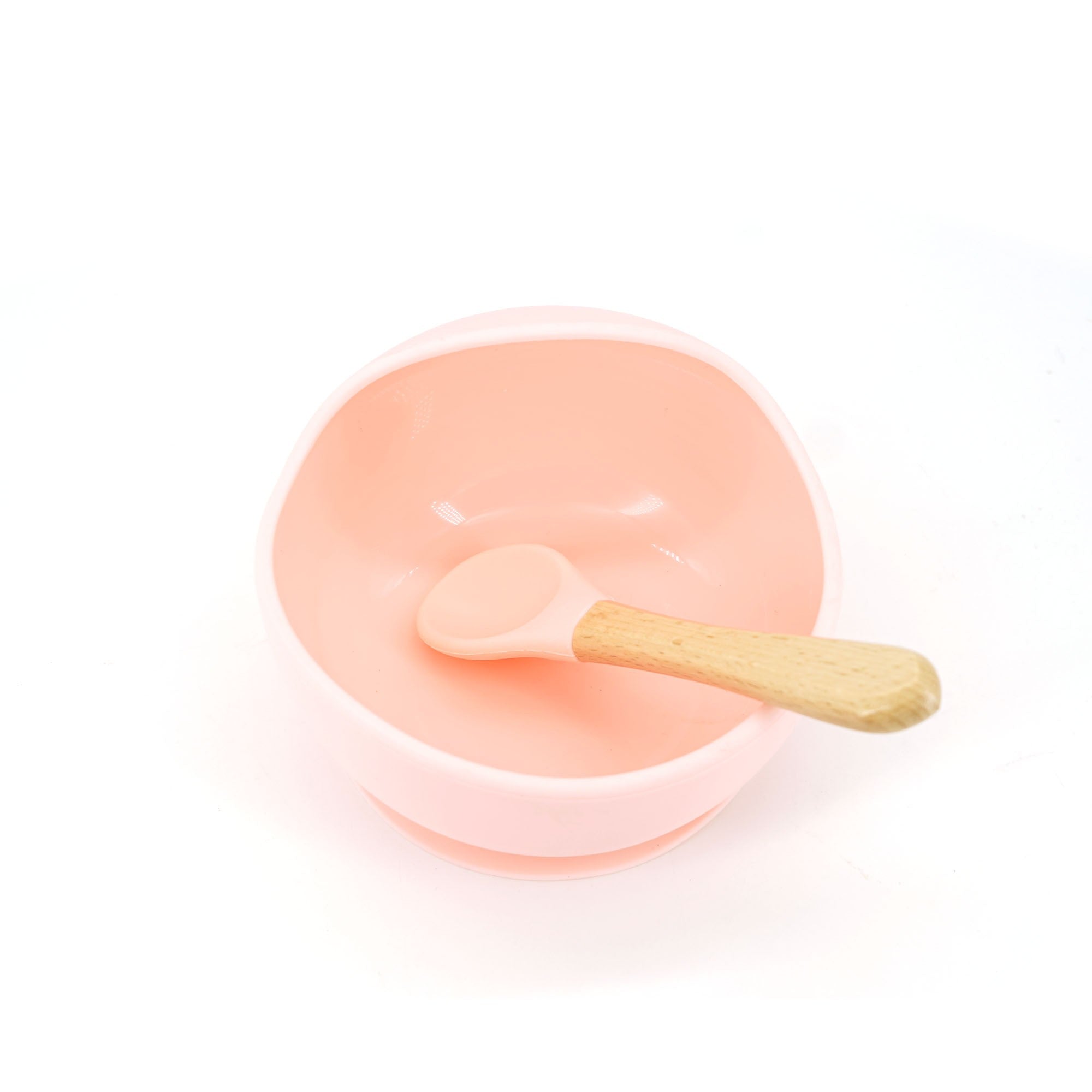 Set 2 piese diversificare bebelusi si copii din silicon Flippy, bol cu ventuza, lingurita din lemn si silicon, pentru gustari, fara alergeni, roz-1
