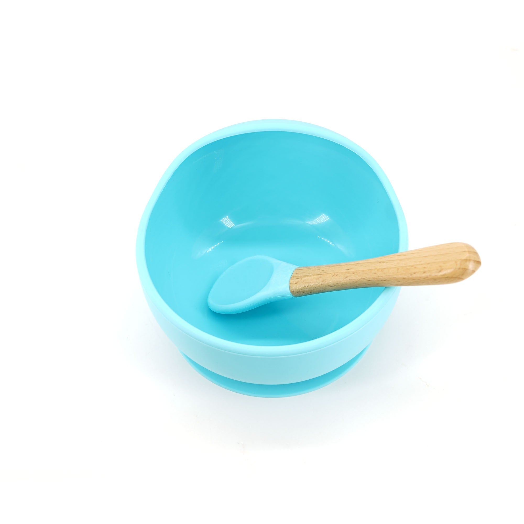 Set 2 piese diversificare bebelusi si copii din silicon Flippy, bol cu ventuza, lingurita din lemn si silicon, pentru gustari, fara alergeni, albastru-1