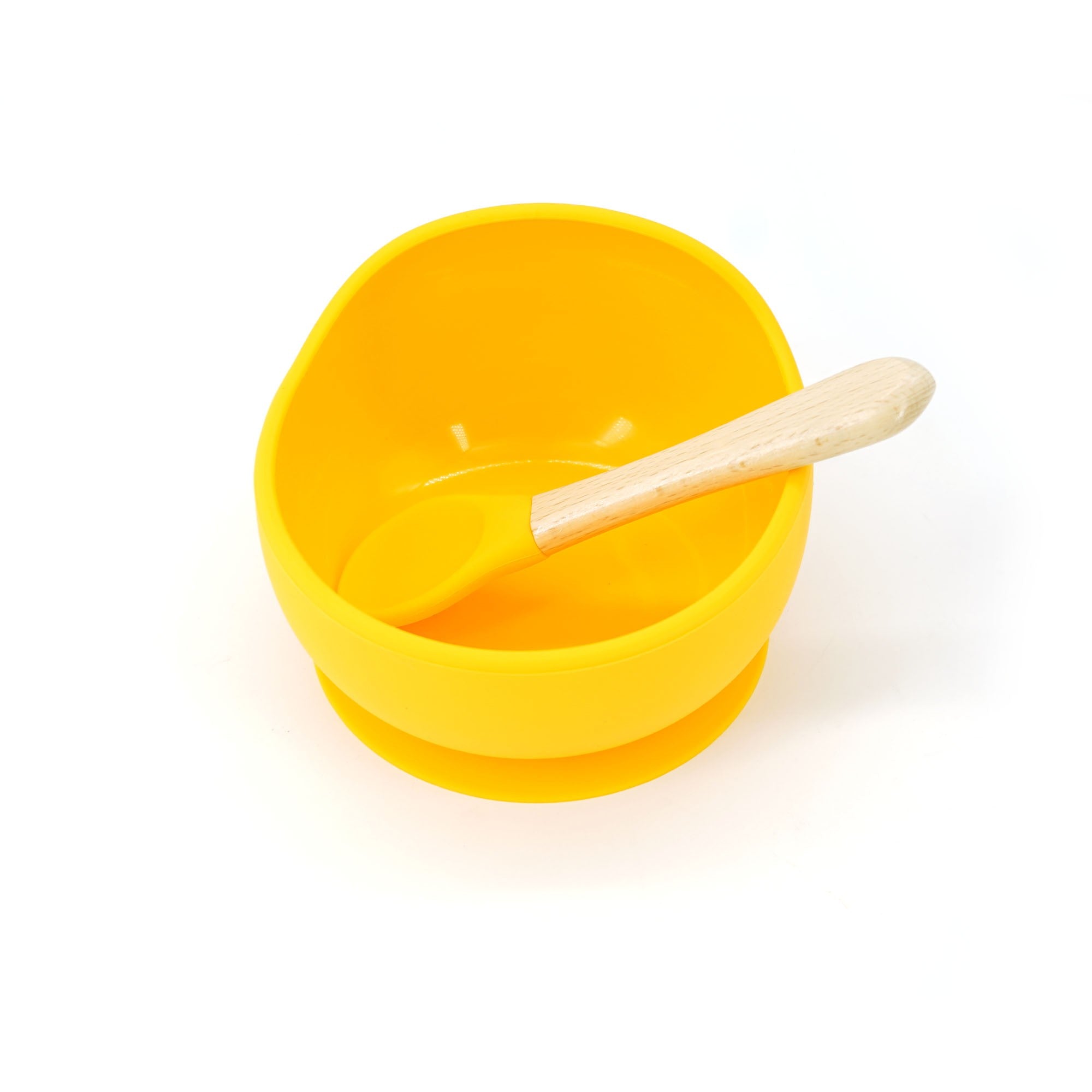 Set 2 piese diversificare bebelusi si copii din silicon Flippy, bol cu ventuza, lingurita din lemn si silicon, pentru gustari, fara alergeni, galben-1
