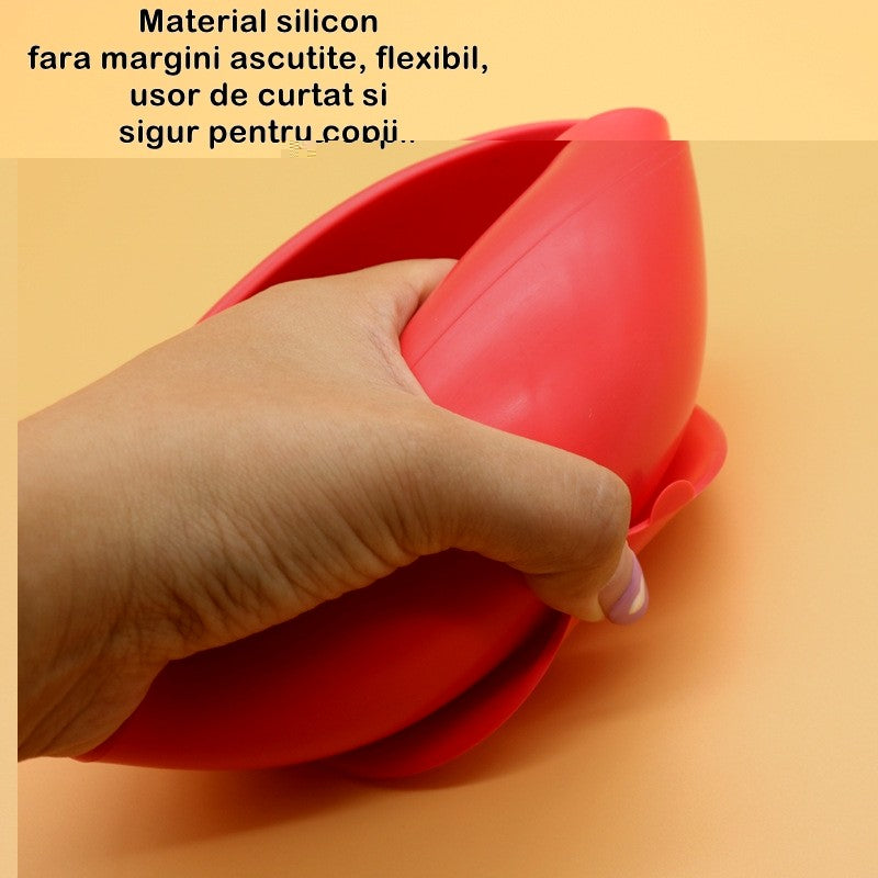 Set 2 piese diversificare bebelusi si copii din silicon Flippy, bol cu ventuza, lingurita din lemn si silicon, pentru gustari, fara alergeni, rosu-2