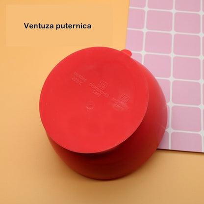 Set 2 piese diversificare bebelusi si copii din silicon Flippy, bol cu ventuza, lingurita din lemn si silicon, pentru gustari, fara alergeni, rosu-3