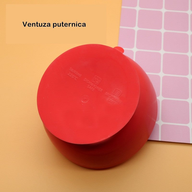 Set 2 piese diversificare bebelusi si copii din silicon Flippy, bol cu ventuza, lingurita din lemn si silicon, pentru gustari, fara alergeni, rosu-3