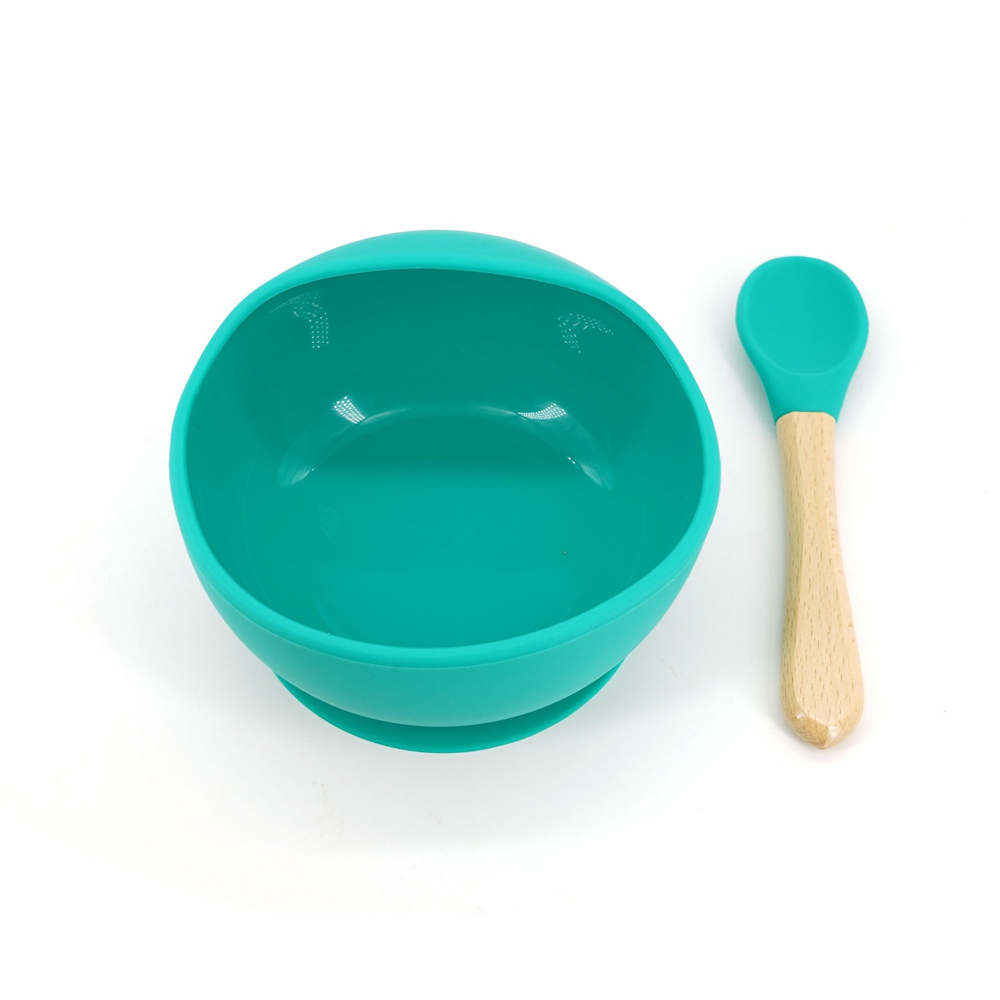Set 2 piese diversificare bebelusi si copii din silicon Flippy, bol cu ventuza, lingurita din lemn si silicon, pentru gustari, fara alergeni, verde-0