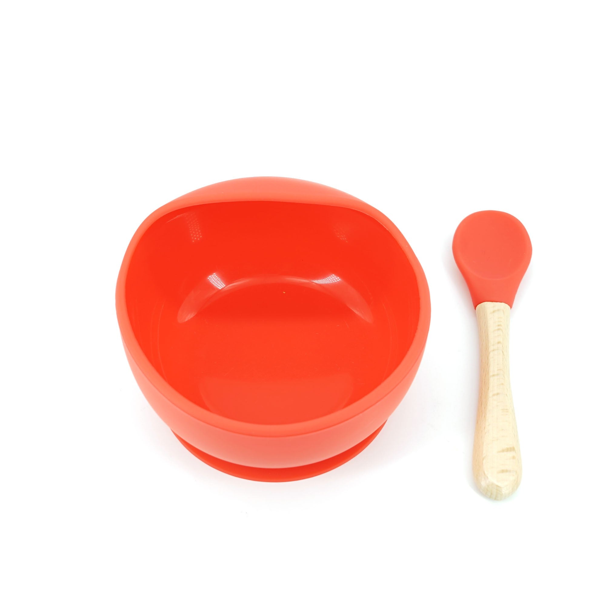 Set 2 piese diversificare bebelusi si copii din silicon Flippy, bol cu ventuza, lingurita din lemn si silicon, pentru gustari, fara alergeni, rosu-0