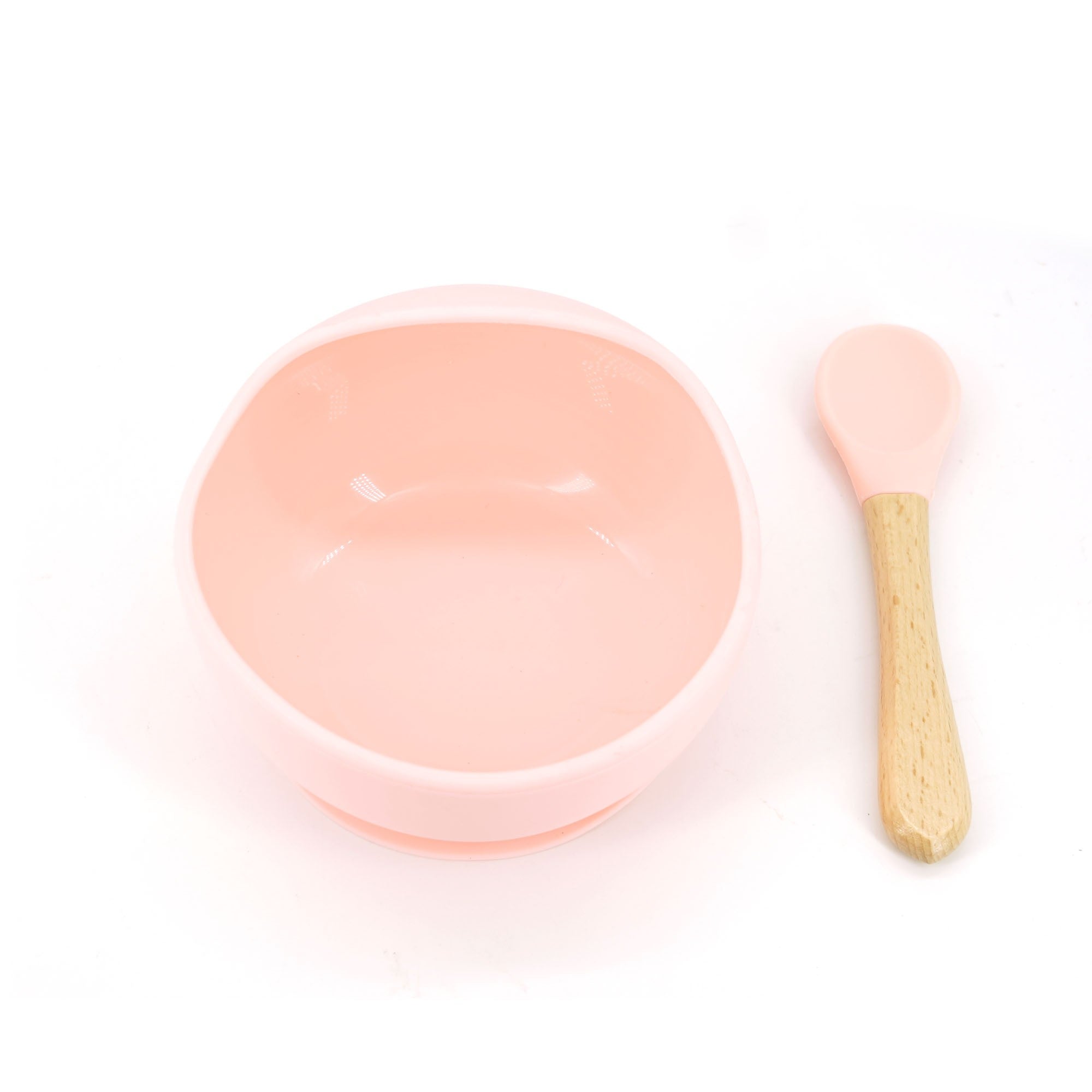 Set 2 piese diversificare bebelusi si copii din silicon Flippy, bol cu ventuza, lingurita din lemn si silicon, pentru gustari, fara alergeni, roz-0