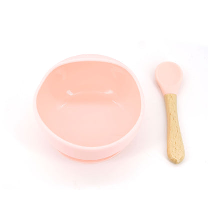 Set 2 piese diversificare bebelusi si copii din silicon Flippy, bol cu ventuza, lingurita din lemn si silicon, pentru gustari, fara alergeni, roz-0