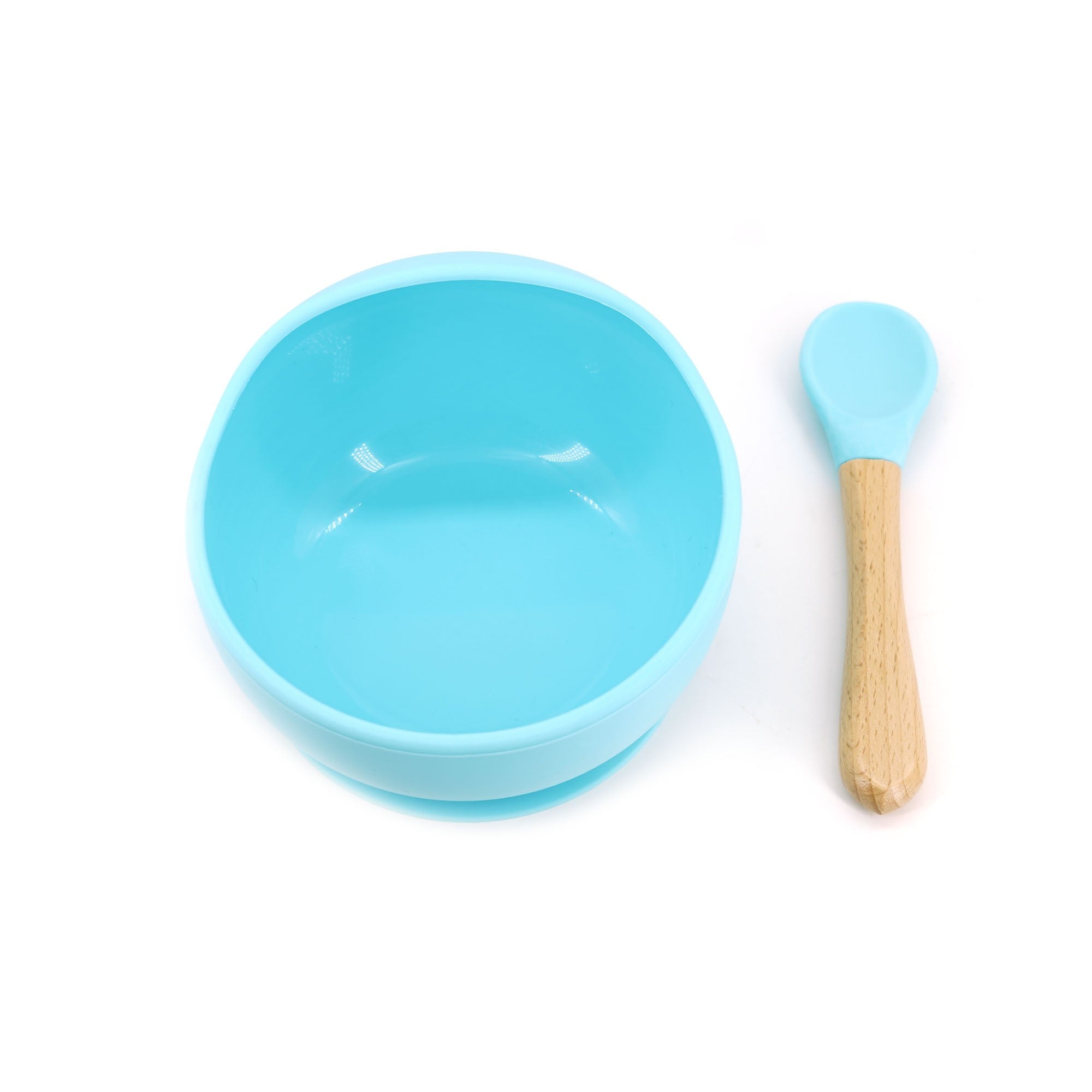 Set 2 piese diversificare bebelusi si copii din silicon Flippy, bol cu ventuza, lingurita din lemn si silicon, pentru gustari, fara alergeni, albastru-0