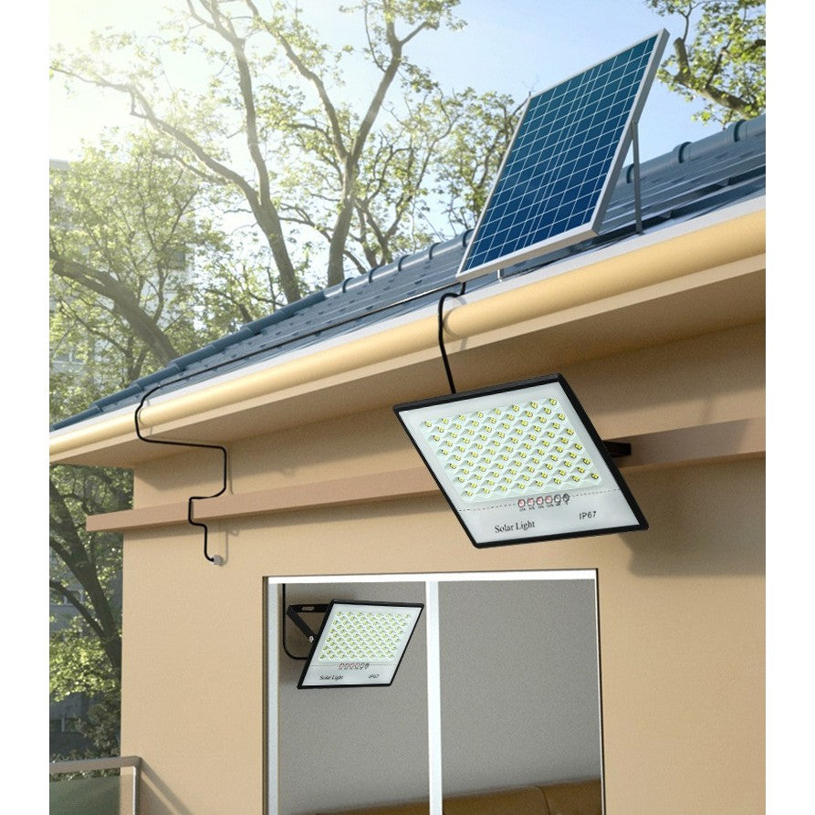Set 2 proiectoare LED cu Panou Solar Flippy, Senzor de miscare, Telecomanda, Waterproof, 200 LED-uri incorporate, 65W, 24x18 cm, IP67, Design Modern, Negru-1