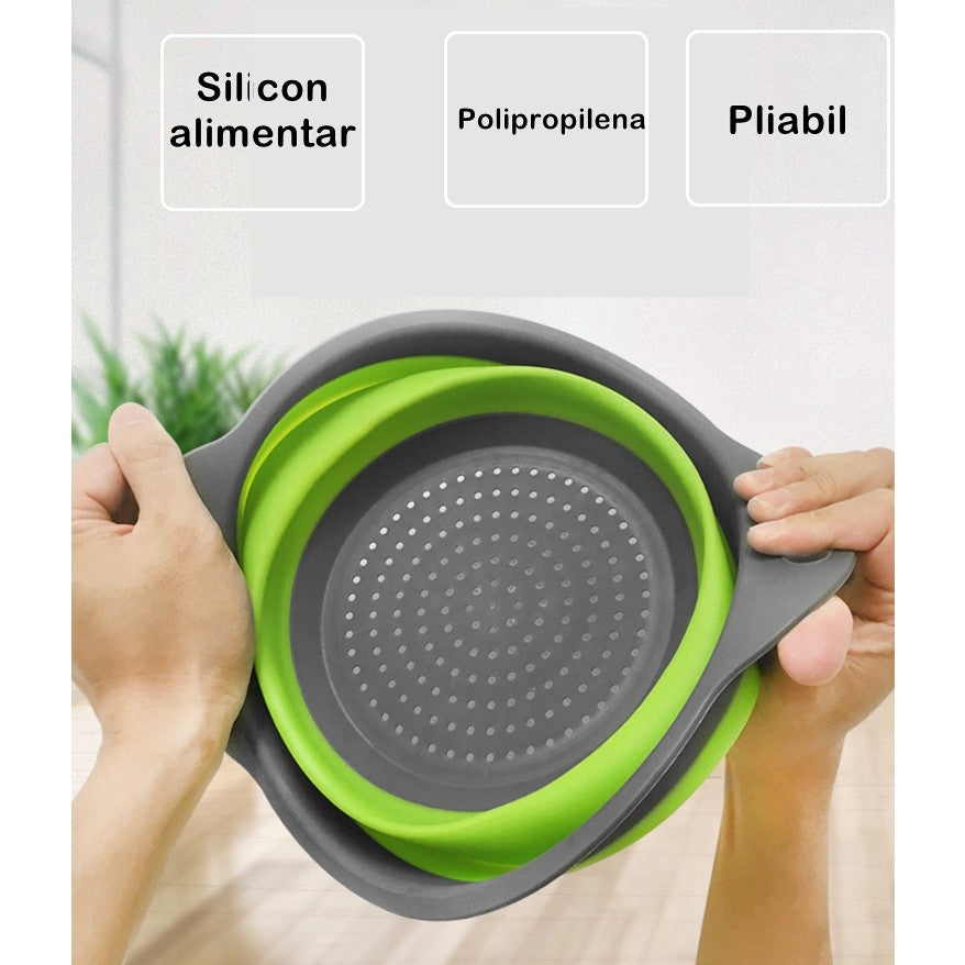 Set 2 strecuratori pliabile din silicon alimentar Flippy, cu manere, fund antiaderent si antialunecare, rotunda, doua dimensiuni, usor de depozitat, compatibil cu masina de spalat vase, verde-1