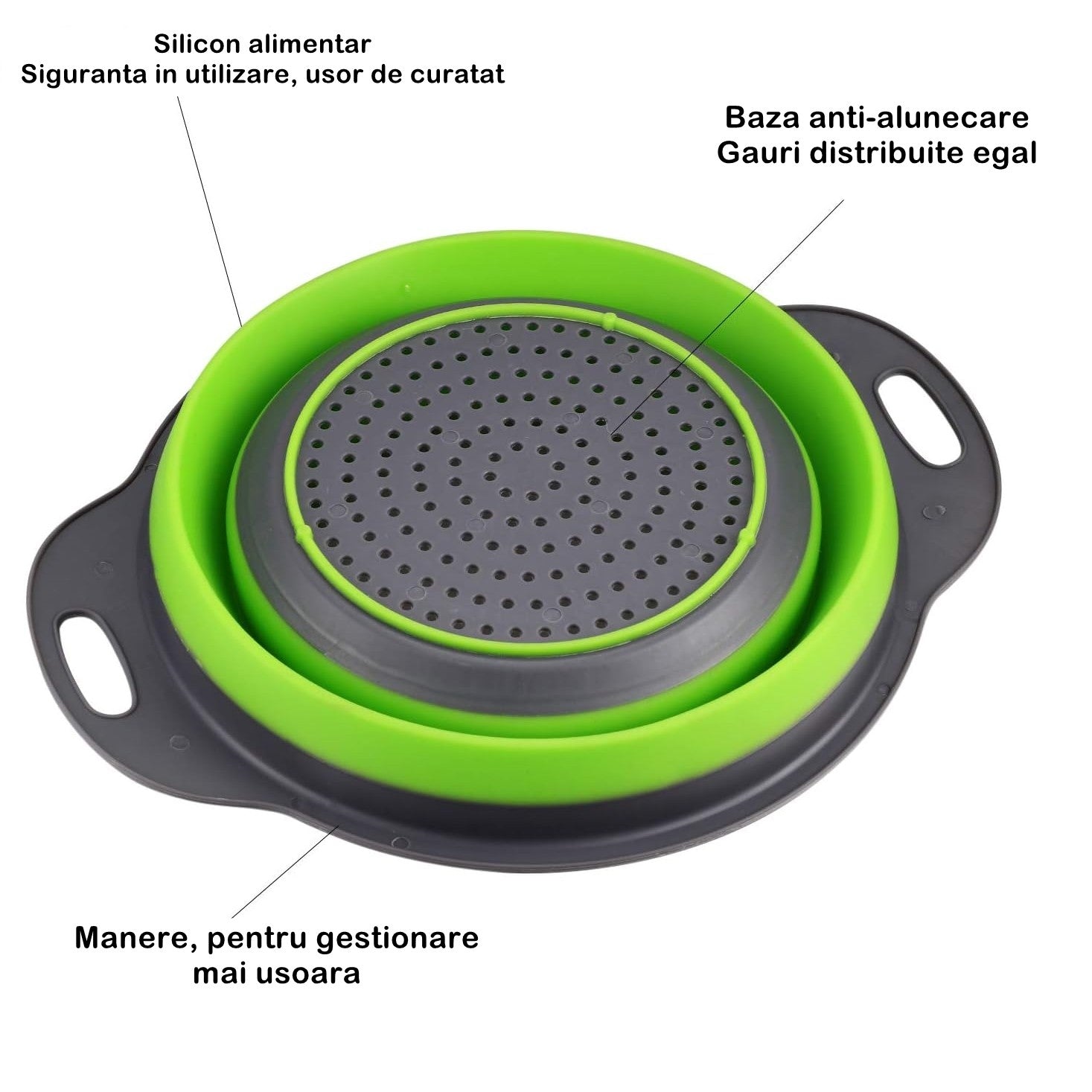 Set 2 strecuratori pliabile din silicon alimentar Flippy, cu manere, fund antiaderent si antialunecare, rotunda, doua dimensiuni, usor de depozitat, compatibil cu masina de spalat vase, verde-2