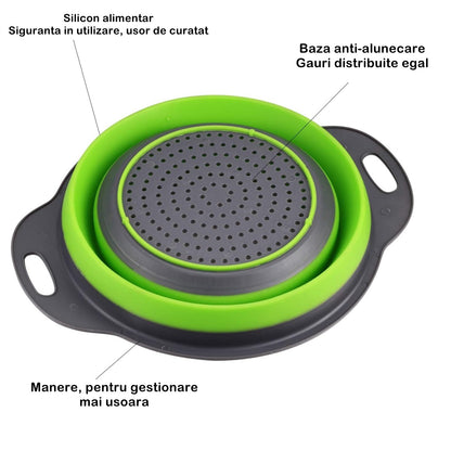 Set 2 strecuratori pliabile din silicon alimentar Flippy, cu manere, fund antiaderent si antialunecare, rotunda, doua dimensiuni, usor de depozitat, compatibil cu masina de spalat vase, verde-2