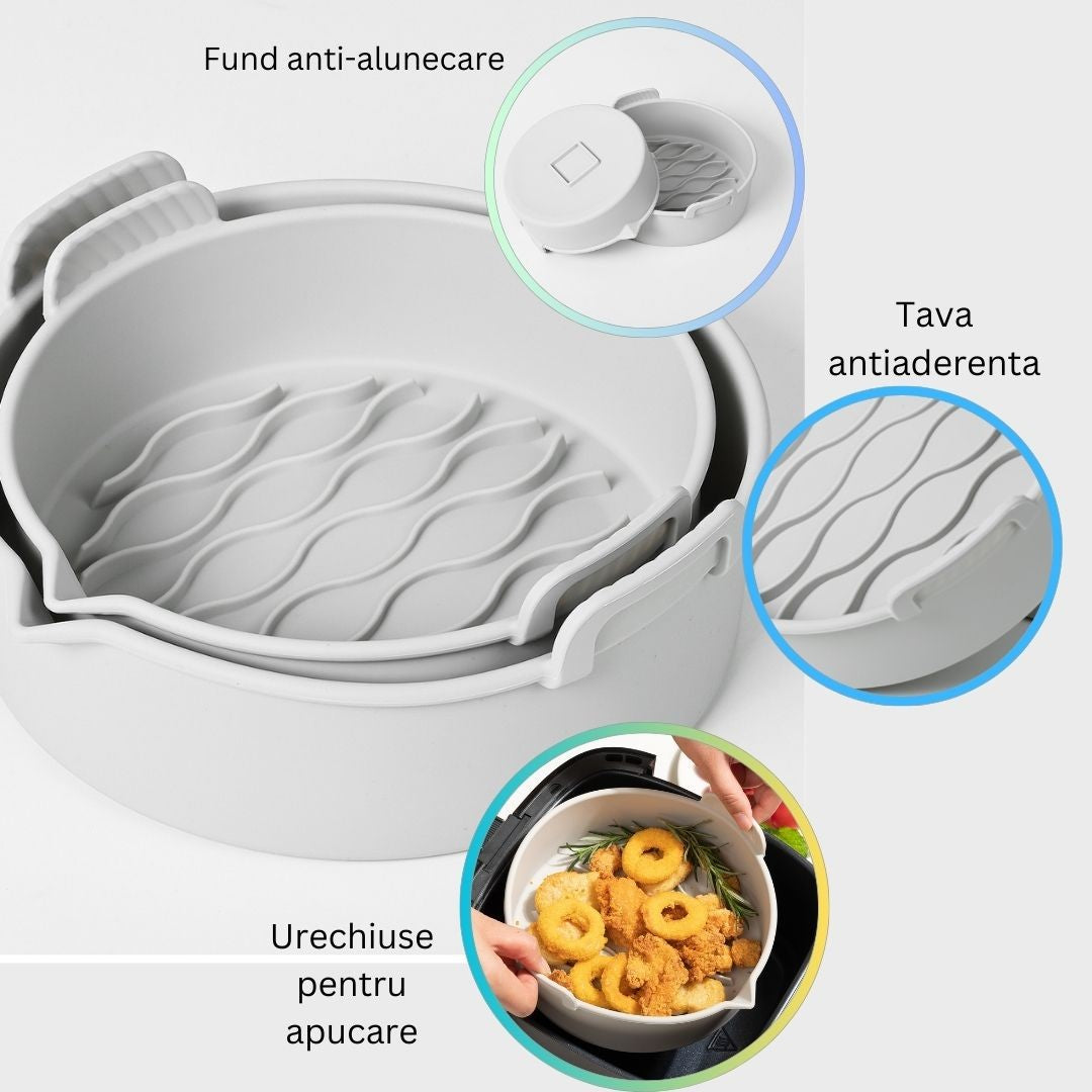 Set 2 tavi din silicon ecologic pentru air fryer Flippy, temperatura maxima 230 grade, reutilizabile, reciclabile, cu manere anti-alunecare, fund antiaderent, 18.7 x 19.5 x 7 cm, gri-1