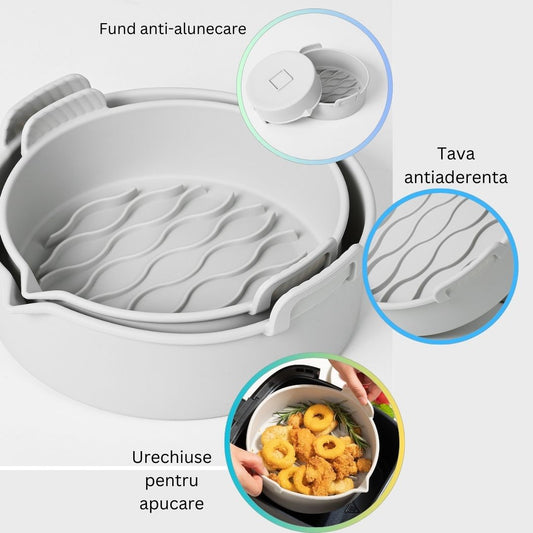 Set 2 tavi din silicon ecologic pentru air fryer Flippy, temperatura maxima 230 grade, reutilizabile, reciclabile, cu manere anti-alunecare, fund antiaderent, 18.7 x 19.5 x 7 cm, gri-1