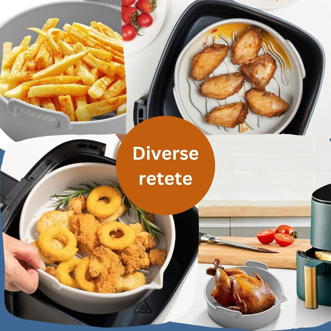 Set 2 tavi din silicon ecologic pentru air fryer Flippy, temperatura maxima 230 grade, reutilizabile, reciclabile, cu manere anti-alunecare, fund antiaderent, 18.7 x 19.5 x 7 cm, gri-3