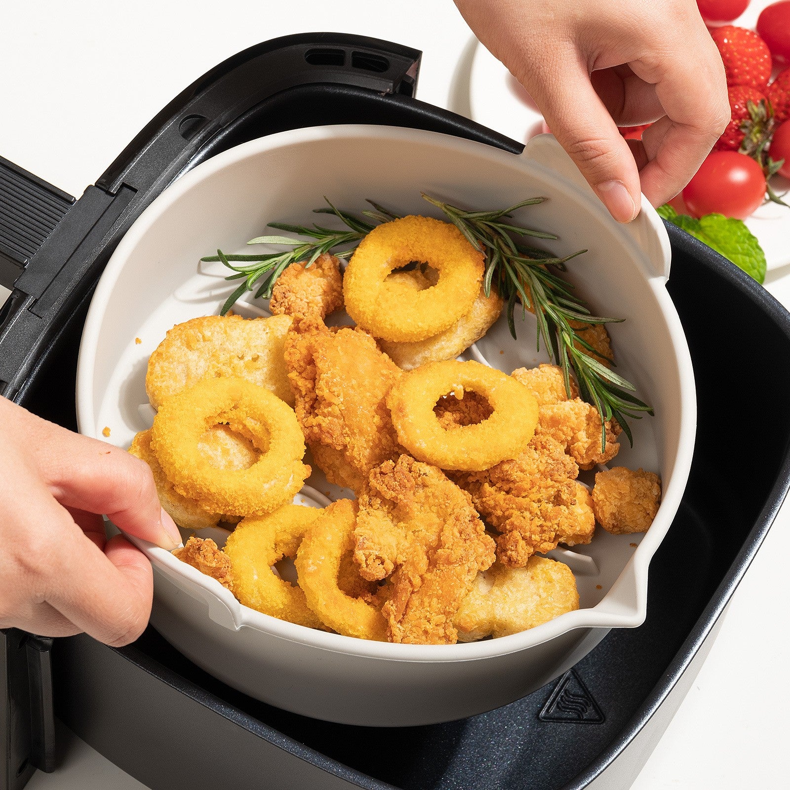 Set 2 tavi din silicon ecologic pentru air fryer Flippy, temperatura maxima 230 grade, reutilizabile, reciclabile, cu manere anti-alunecare, fund antiaderent, 18.7 x 19.5 x 7 cm, gri-6