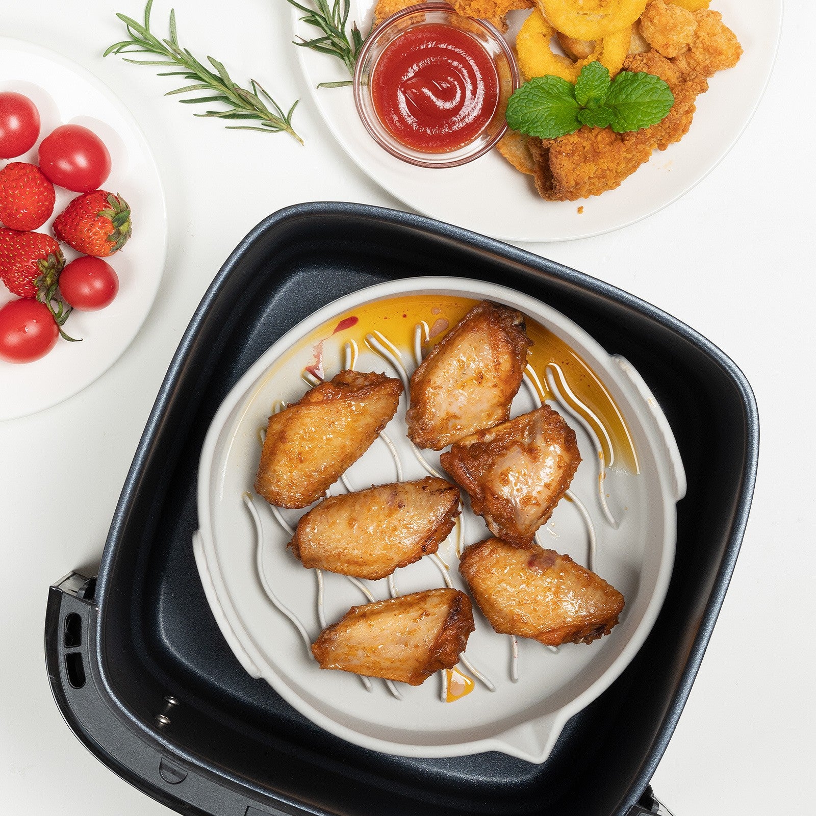 Set 2 tavi din silicon ecologic pentru air fryer Flippy, temperatura maxima 230 grade, reutilizabile, reciclabile, cu manere anti-alunecare, fund antiaderent, 18.7 x 19.5 x 7 cm, gri-7