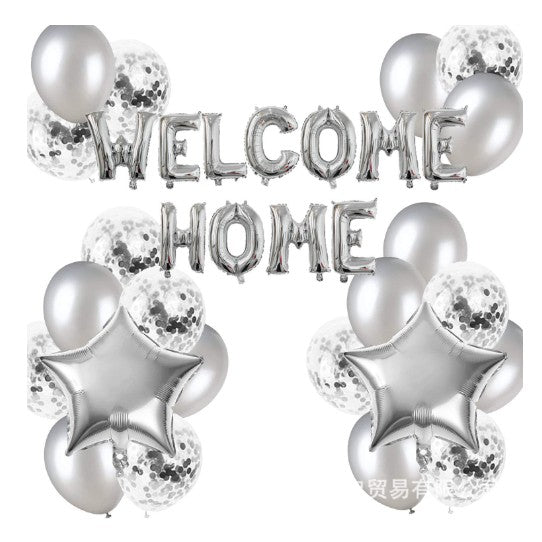 Set 22 de piese baloane folie si latex, 20 baloane latex, 2 baloane stea Folie, 1 set Welcome Home, argintiu-0