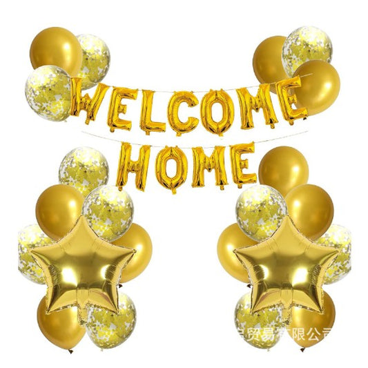 Set 22 de piese baloane folie si latex, 20 baloane latex, 2 baloane stea Folie, 1 set Welcome Home, auriu-0