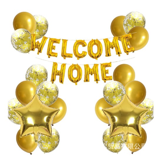 Set 22 de piese baloane folie si latex, 20 baloane latex, 2 baloane stea Folie, 1 set Welcome Home, auriu-0