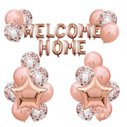 Set 22 de piese baloane folie si latex, 20 baloane latex, 2 baloane stea Folie, 1 set Welcome Home, Rose gold-0