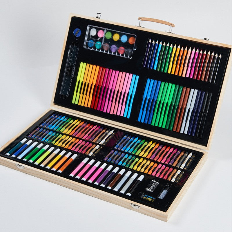 Set 220 Piese pentru Desen si Pictura, Flippy, Tip Servieta din Lemn, Model Natur, 48 x 30 x 5 cm, Multicolor-1