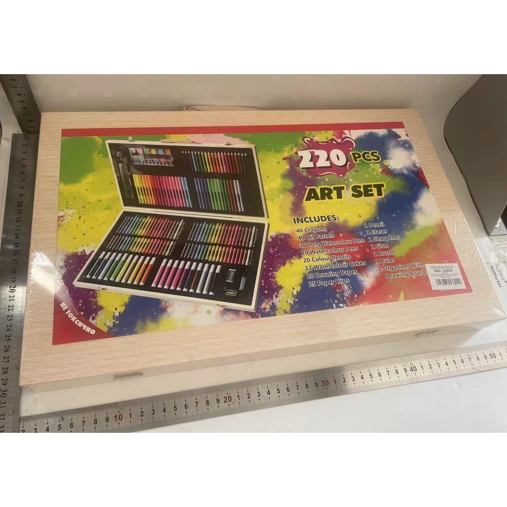 Set 220 Piese pentru Desen si Pictura, Flippy, Tip Servieta din Lemn, Model Natur, 48 x 30 x 5 cm, Multicolor-5