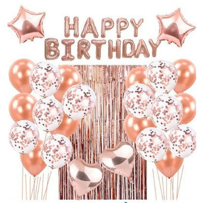 Set 24 de baloane folie si latex, 10 baloane latex simple, 10 bloane latex cu paiete, 4 baloane folie, ribon, 1x2 m perdea, Rose Gold-0