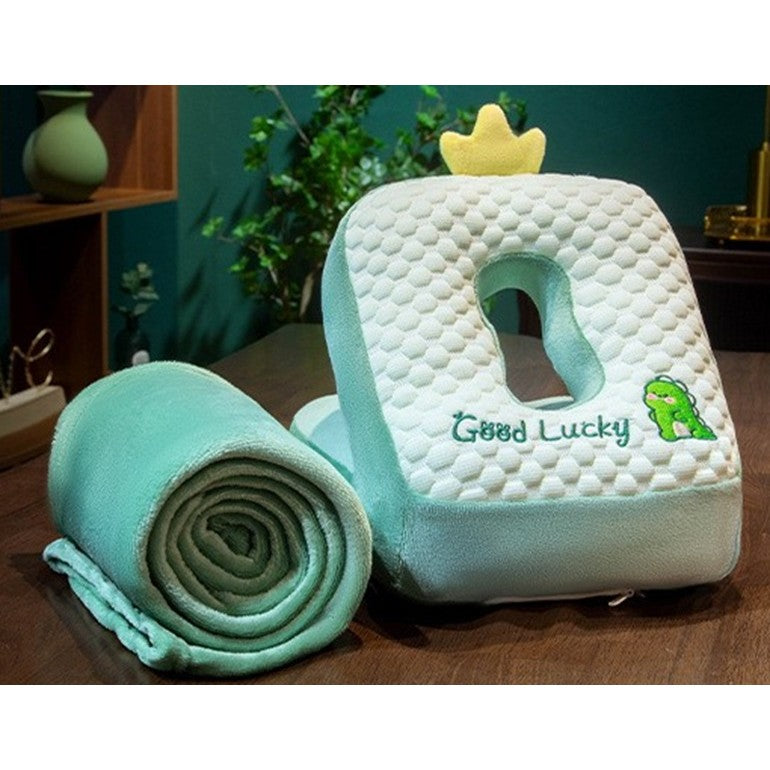 Set 2in1 Patura Microfibra si Perna din Spuma, Flippy, pentru Birou, Calatorii, Pauze, Model Dinozaur, Microfibra, 1x1.7 m, 30x35x30 cm, Verde-2