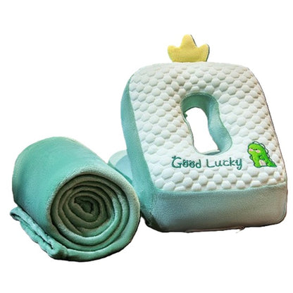 Set 2in1 Patura Microfibra si Perna din Spuma, Flippy, pentru Birou, Calatorii, Pauze, Model Dinozaur, Microfibra, 1x1.7 m, 30x35x30 cm, Verde-0