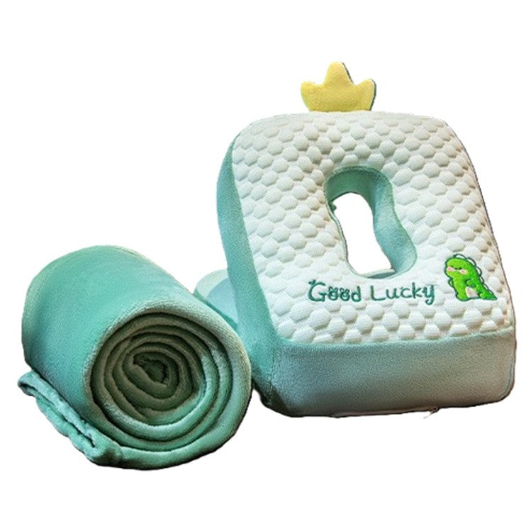 Set 2in1 Patura Microfibra si Perna din Spuma, Flippy, pentru Birou, Calatorii, Pauze, Model Dinozaur, Microfibra, 1x1.7 m, 30x35x30 cm, Verde-0