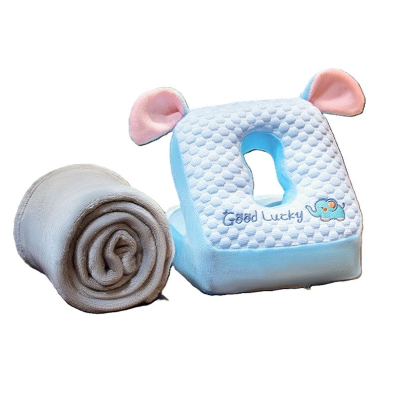 Set 2in1 Patura Microfibra si Perna din Spuma, Flippy, pentru Birou, Calatorii, Pauze, Model Elefant, Microfibra, 1x1.7 m, 30x35x30 cm, Albastru-0