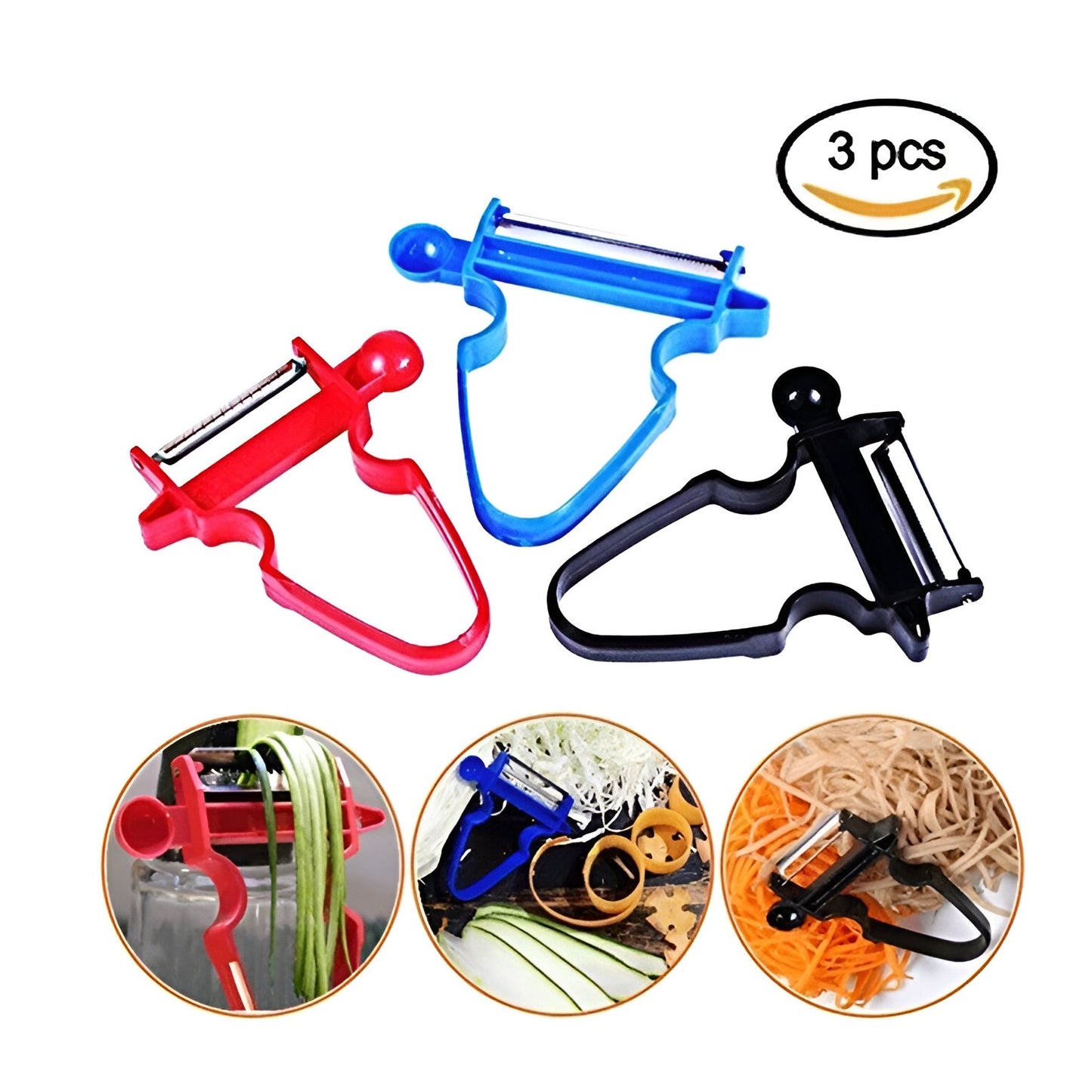 Set 3 Accesorii de Decojire, Razuire si Feliere, Flippy, pentru Legume si Fructe, Negru-Rosu-Albastru-2