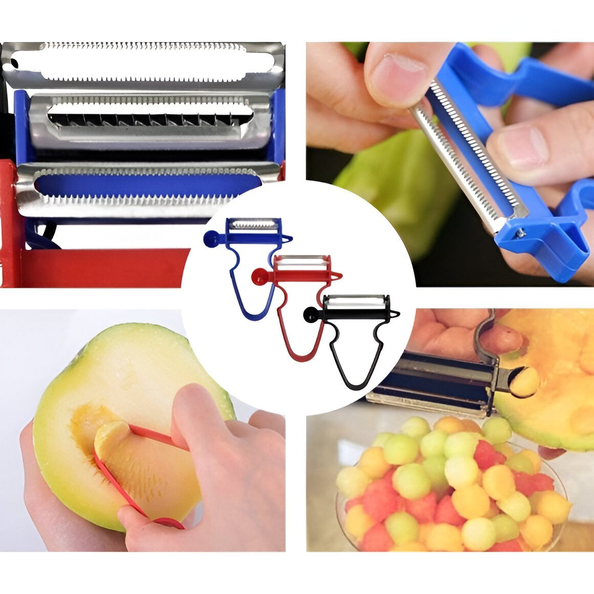 Set 3 Accesorii de Decojire, Razuire si Feliere, Flippy, pentru Legume si Fructe, Negru-Rosu-Albastru-4