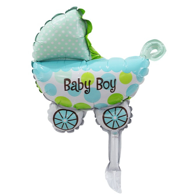 Set 3 Baloane din Folie Metalizata, Flippy, Figurine Carucior, Inima, Fundita, Tema Botez, 45 cm, Ambalaj Individual, Pai Inclus, Umflare cu Aer sau Heliu, Albastru-1