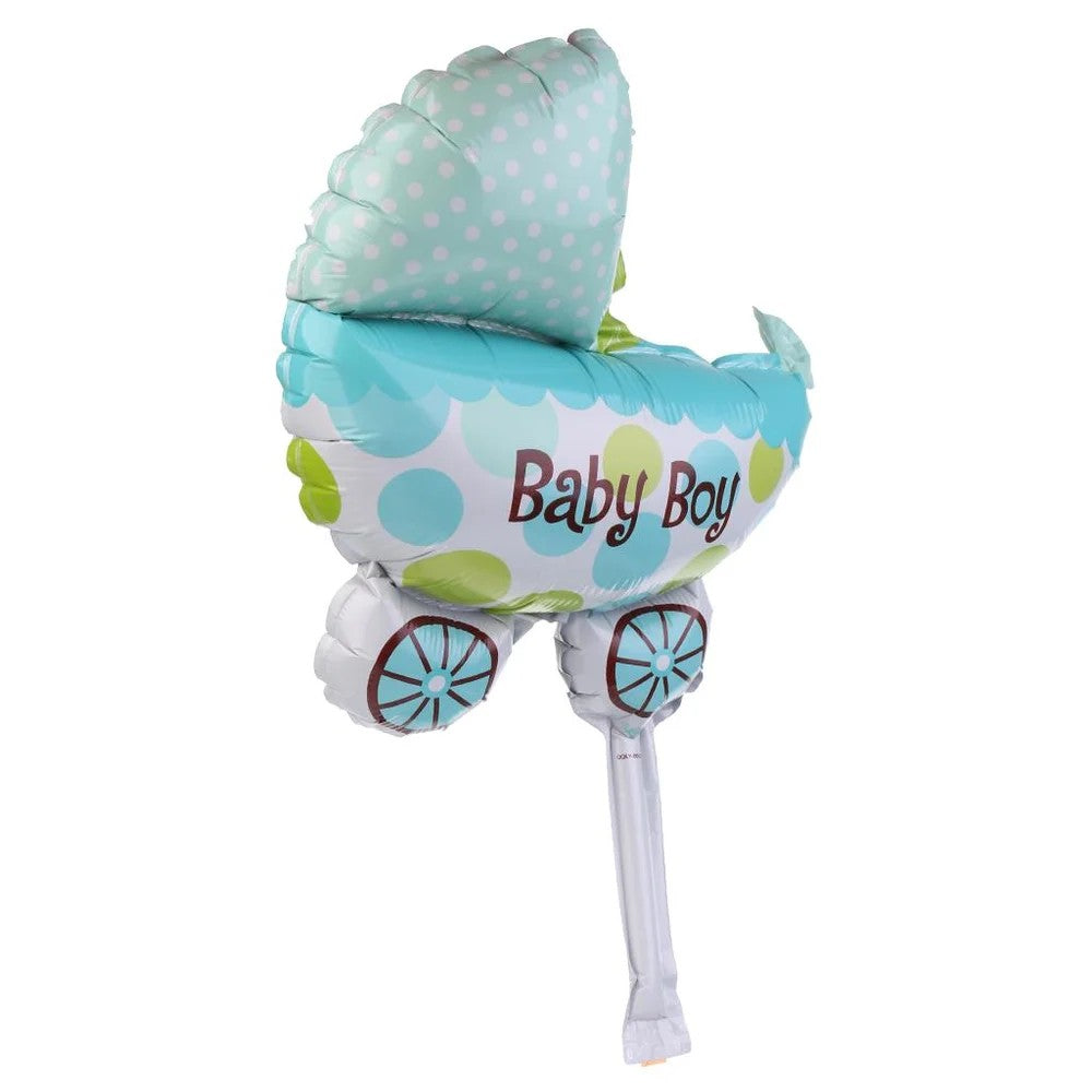 Set 3 Baloane din Folie Metalizata, Flippy, Figurine Carucior, Inima, Fundita, Tema Botez, 45 cm, Ambalaj Individual, Pai Inclus, Umflare cu Aer sau Heliu, Albastru-6