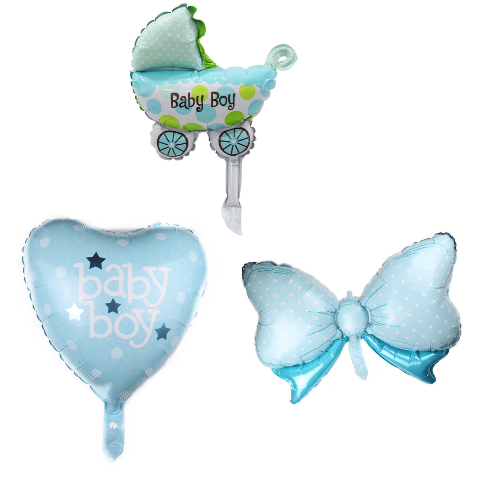 Set 3 Baloane din Folie Metalizata, Flippy, Figurine Carucior, Inima, Fundita, Tema Botez, 45 cm, Ambalaj Individual, Pai Inclus, Umflare cu Aer sau Heliu, Albastru-0