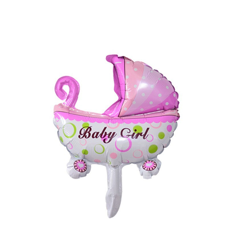 Set 3 Baloane din Folie Metalizata, Flippy, Figurine Carucior, Inima, Fundita, Tema Botez, 45 cm, Ambalaj Individual, Pai Inclus, Umflare cu Aer sau Heliu, Roz-1