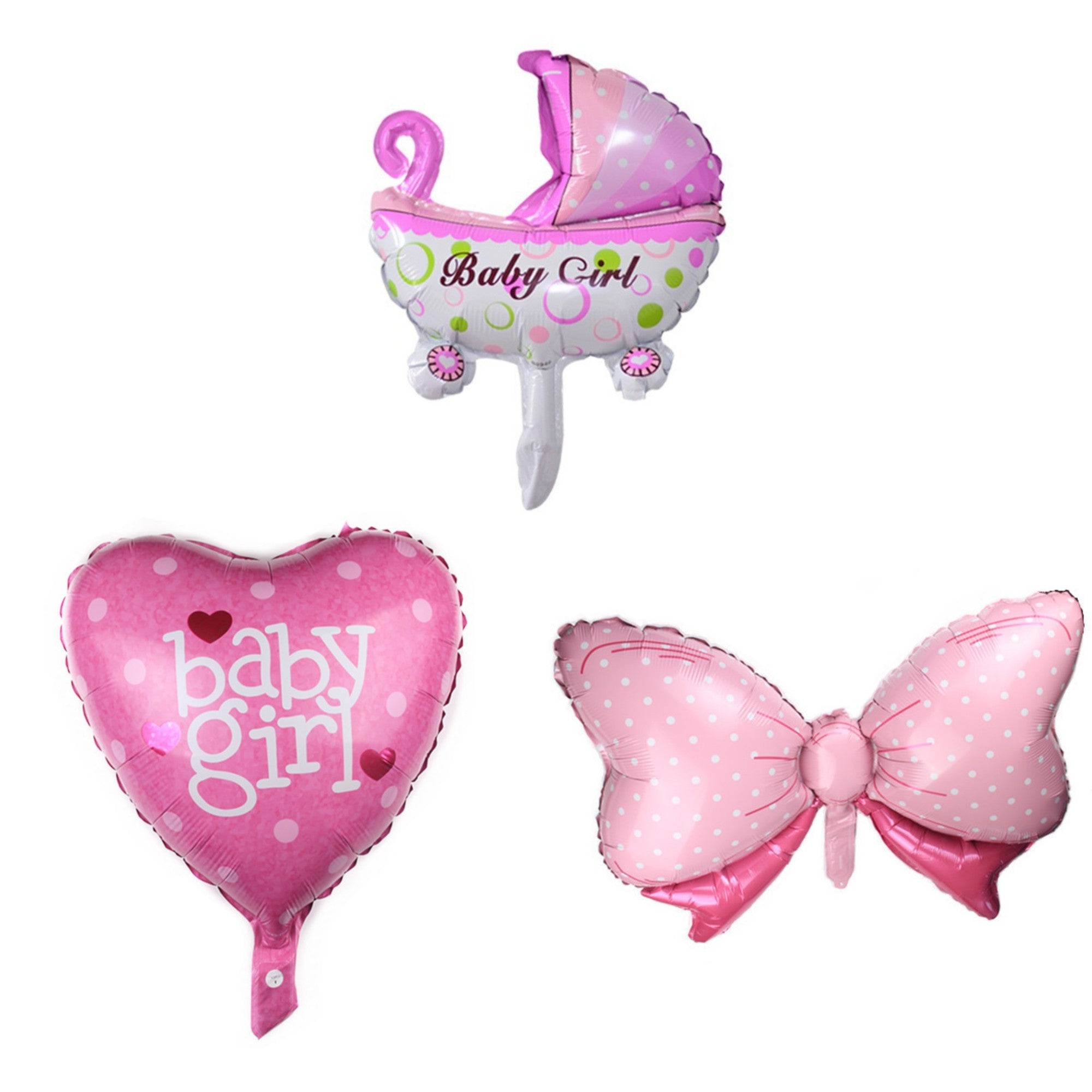 Set 3 Baloane din Folie Metalizata, Flippy, Figurine Carucior, Inima, Fundita, Tema Botez, 45 cm, Ambalaj Individual, Pai Inclus, Umflare cu Aer sau Heliu, Roz-0