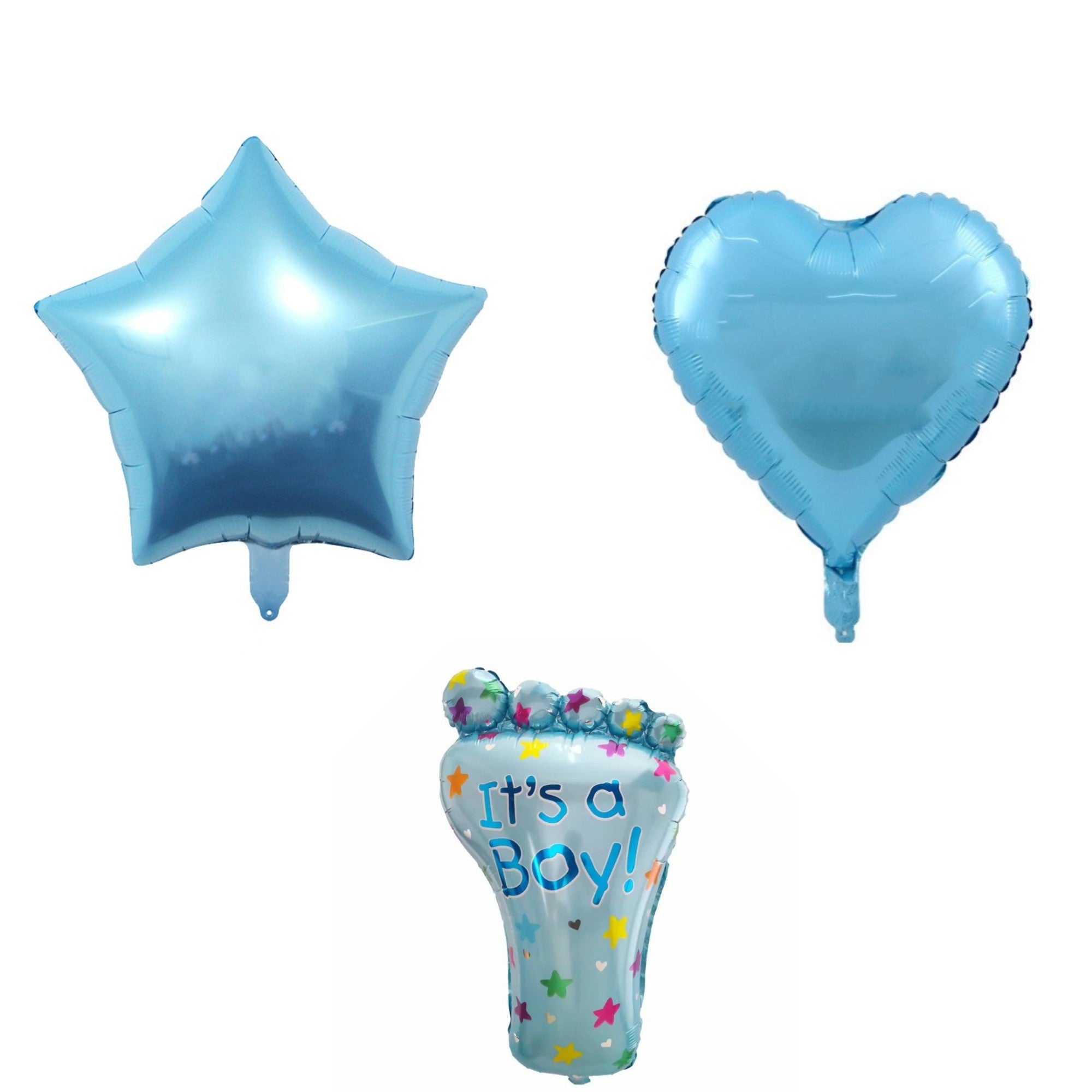 Set 3 Baloane din Folie Metalizata, Flippy, Figurine Picior 46x79 cm, Inima 45cm, Stea 45cm, Model It's a Boy, Tema Gender Reveal, Ambalaj Individual, Pai Inclus, Umflare cu Aer sau Heliu, Albastru-0