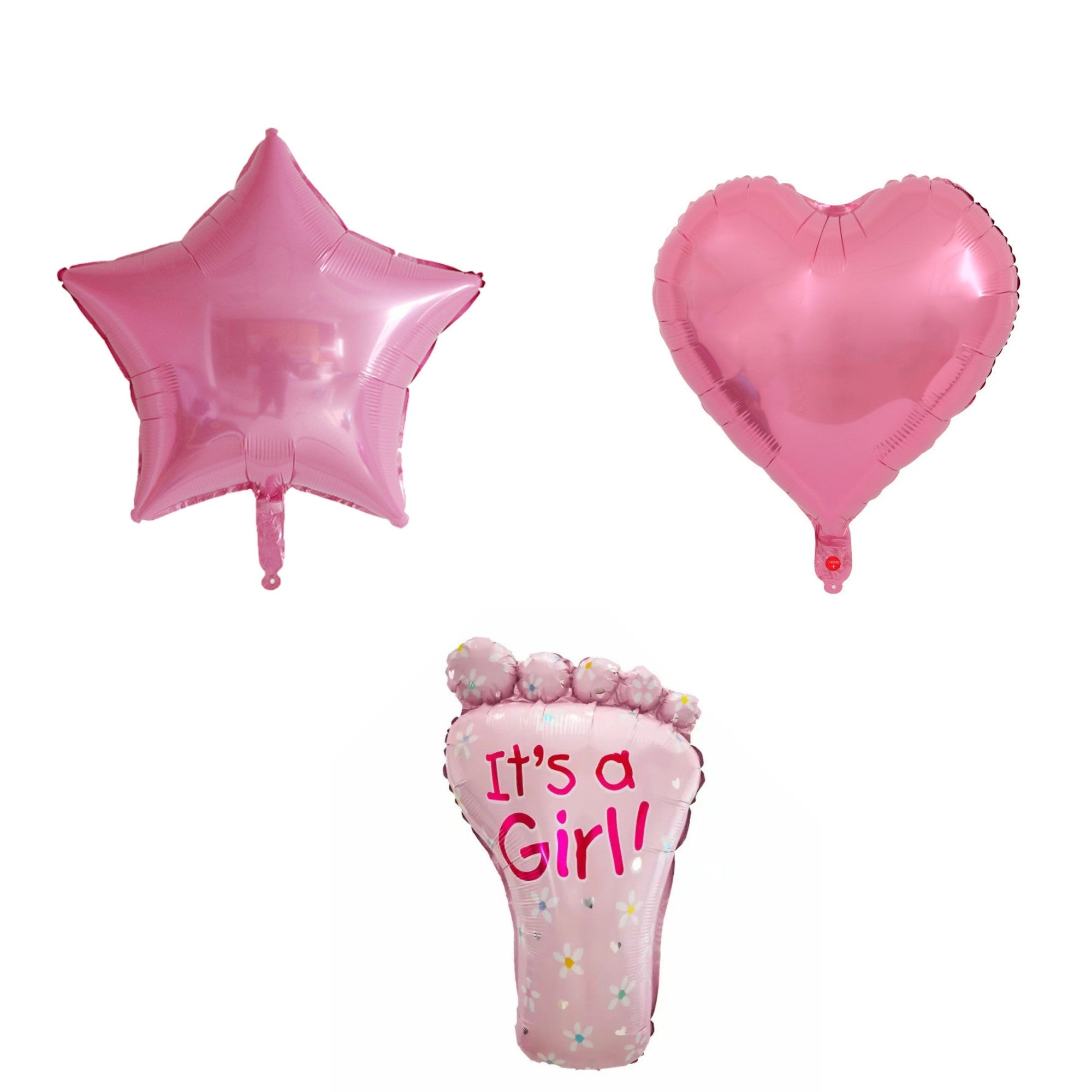 Set 3 Baloane din Folie Metalizata, Flippy, Figurine Picior 46x79 cm, Inima 45 cm, Stea 45cm, Model It's a Girl, Tema Gender Reveal, Ambalaj Individual, Pai Inclus, Umflare cu Aer sau Heliu, Roz-0