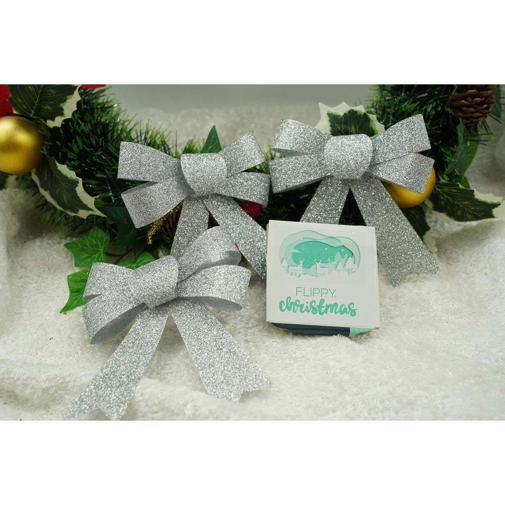 Set 3 fundite pentru brad, Argintii, cu sclipici, 10 x 11 cm, din poliester, Flippy-2