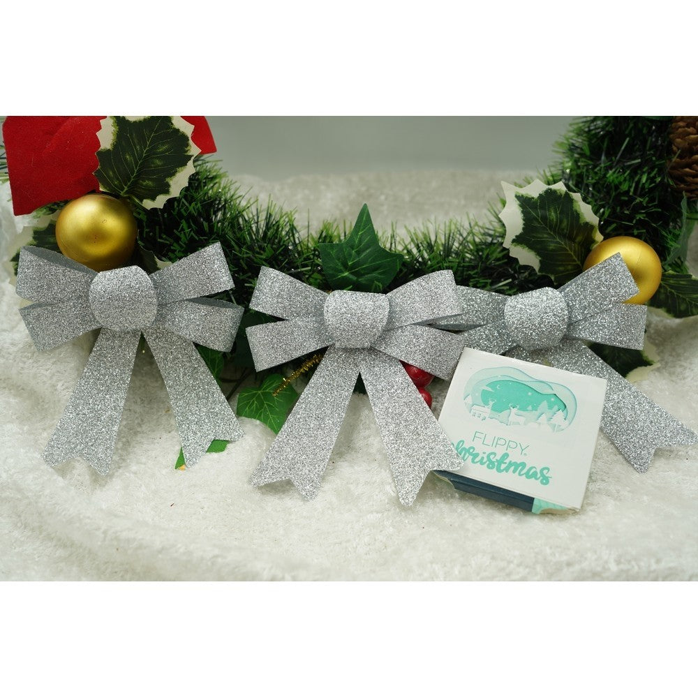 Set 3 fundite pentru brad, Argintii, cu sclipici, 10 x 11 cm, din poliester, Flippy-3
