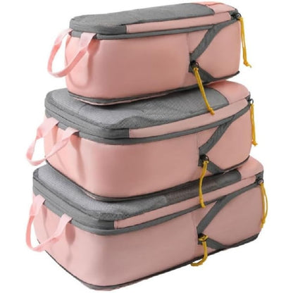 Set 3 Genti de Calatorie Flippy, Pentru Depozitare, Compresibile, 3 Dimensiuni, Mic, Mediu, Mare, Impermeabile, Fermoar Dublu, Roz-5