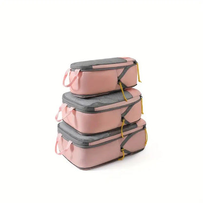 Set 3 Genti de Calatorie Flippy, Pentru Depozitare, Compresibile, 3 Dimensiuni, Mic, Mediu, Mare, Impermeabile, Fermoar Dublu, Roz-3