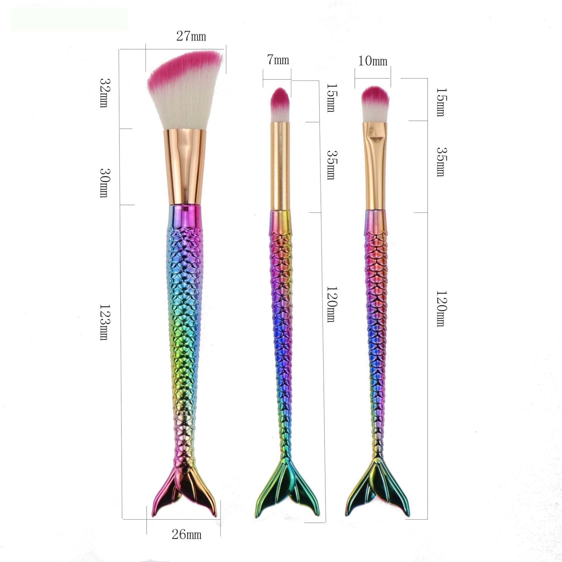 Set 3 Pensule pentru Machiaj Flippy, in Forma de Sirena, Electroplacate, Detalii Fine, Maner Ergonomic, Peri din Fibra Moale, Multicolor-1