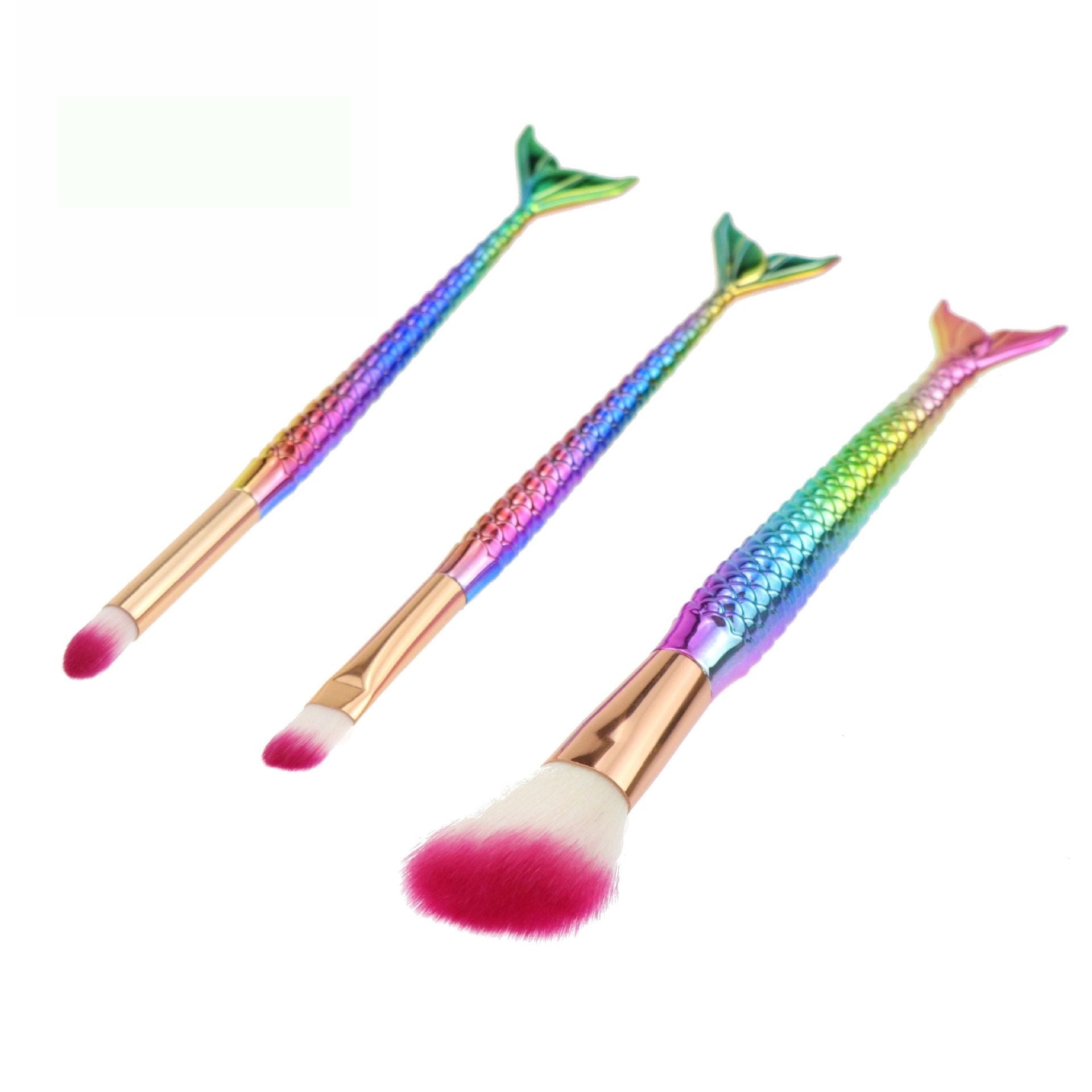 Set 3 Pensule pentru Machiaj Flippy, in Forma de Sirena, Electroplacate, Detalii Fine, Maner Ergonomic, Peri din Fibra Moale, Multicolor-2