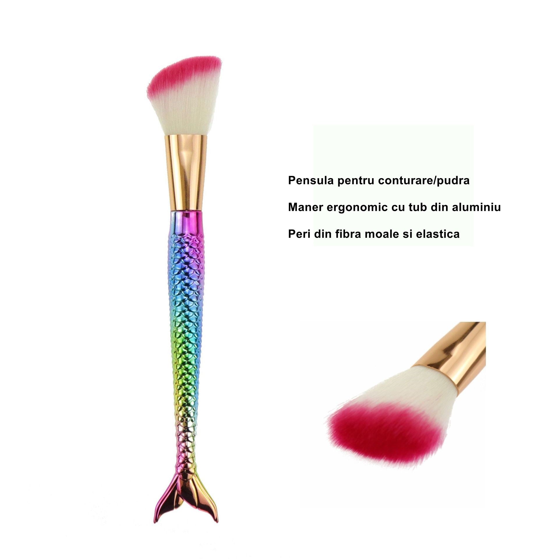 Set 3 Pensule pentru Machiaj Flippy, in Forma de Sirena, Electroplacate, Detalii Fine, Maner Ergonomic, Peri din Fibra Moale, Multicolor-3