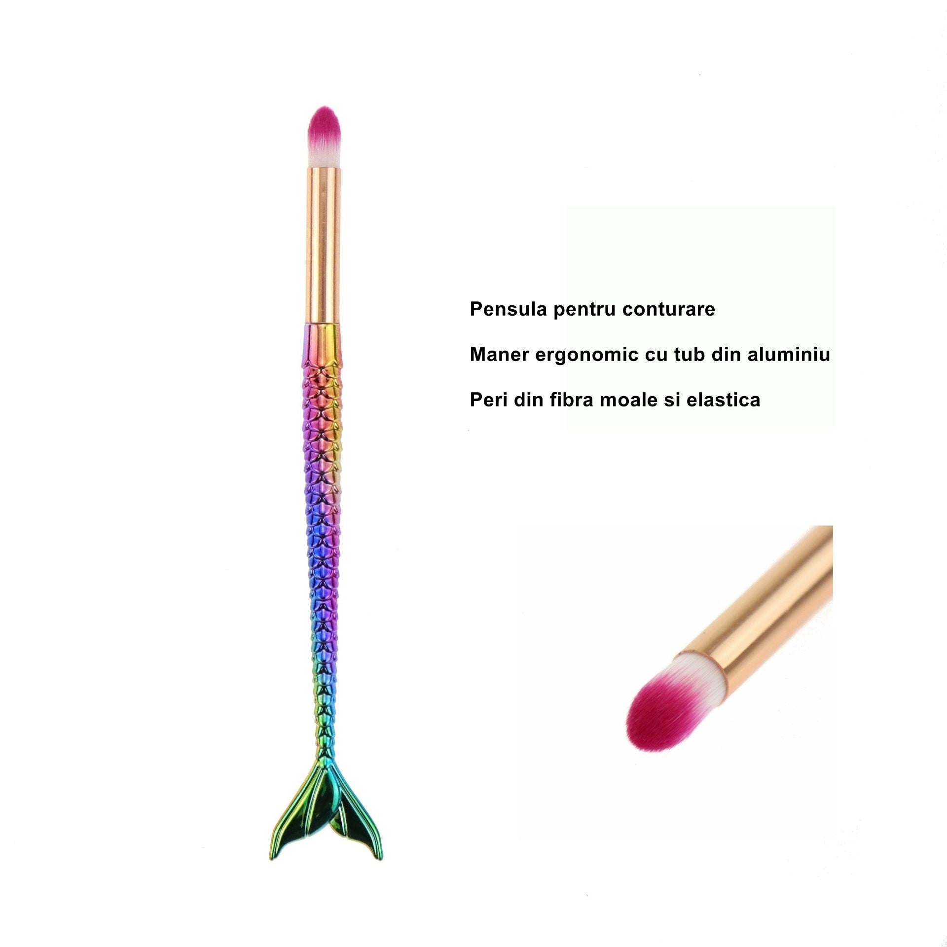 Set 3 Pensule pentru Machiaj Flippy, in Forma de Sirena, Electroplacate, Detalii Fine, Maner Ergonomic, Peri din Fibra Moale, Multicolor-4