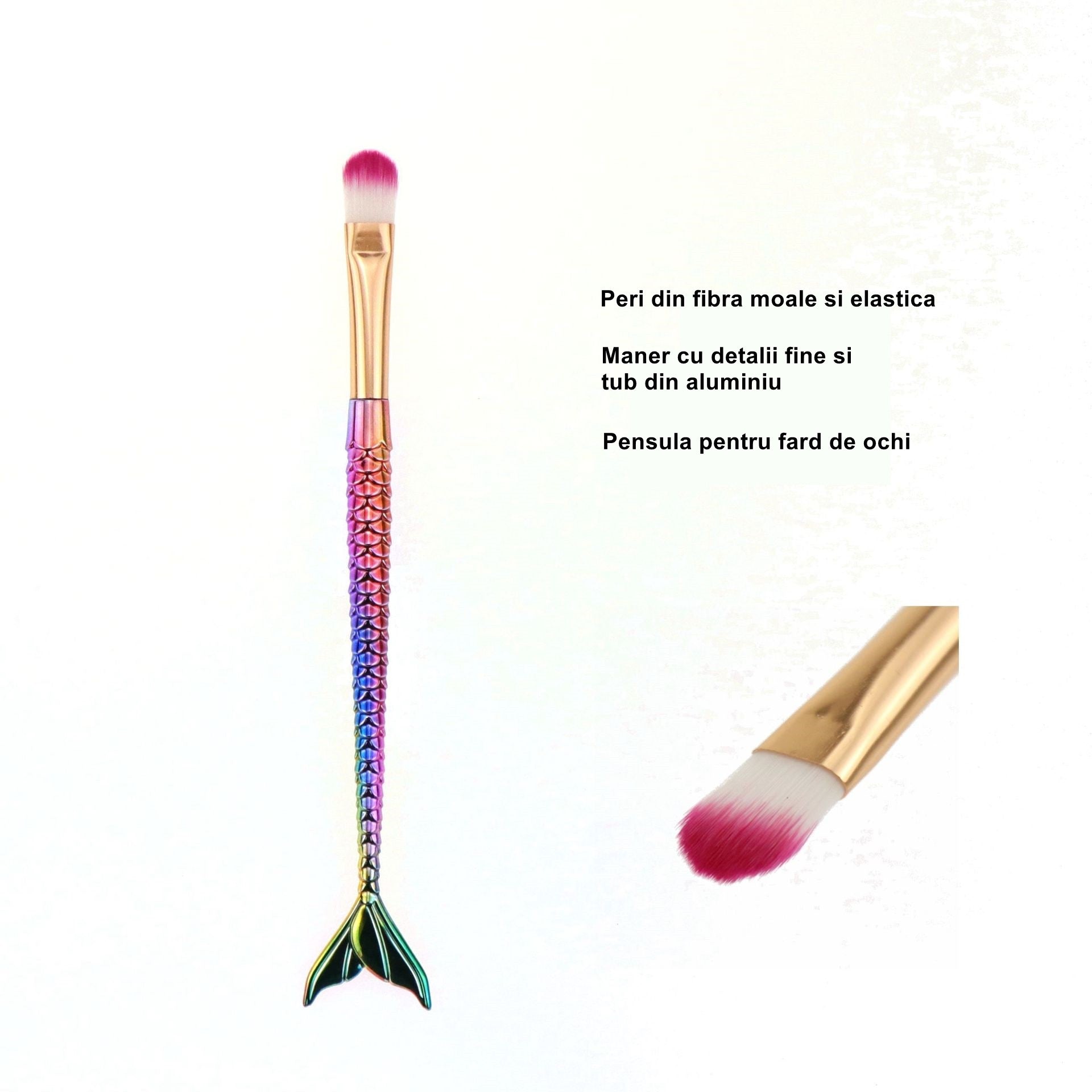 Set 3 Pensule pentru Machiaj Flippy, in Forma de Sirena, Electroplacate, Detalii Fine, Maner Ergonomic, Peri din Fibra Moale, Multicolor-5